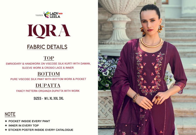 Iqra By Lady Leela Viscose Silk Embroidery Kuryi With Bottom Dupatta Wholesale Online